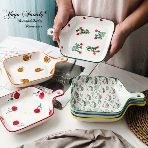 Ceramic Baking Pan Handle Plate Pasta Lasagna Dish Fresh Fruit Hand Painted Salad Dinner Plate Household Tray