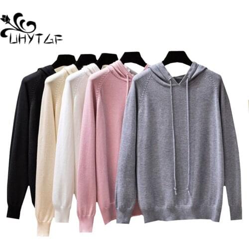 UHYTGF New Knit Sweater Women Fashion Hooded Pullover Warm Autumn Sweater Coats Loose Elasticity Soft Plus Size Sweater Lady 804