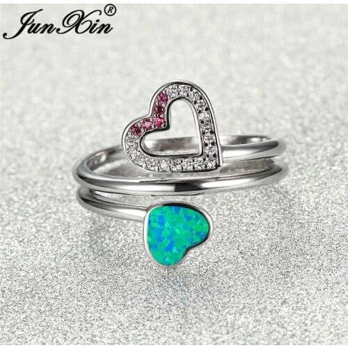 Unique Double Heart Ring Blue White Fire Opal Rings For Women Silver Color Lover Crystal Wedding Bands Valentine Day Jewelry