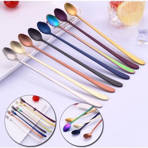 304 Stainless Steel Long Handle Stirring Spoon Fork Creative Coffee Spoon Dessert Spoon Fruit Fork Kitchen Tableware Tools