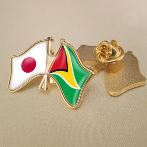 Japan and Guyana Crossed Double Friendship Flags Lapel Pins Brooch Badges