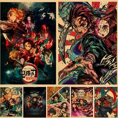 Japanese Anime Demon Slayer Kimetsu No Yaiba Retro Posters Movie Tanjirou Kamado Wall Stickers Kraft Paper Decoration Painting