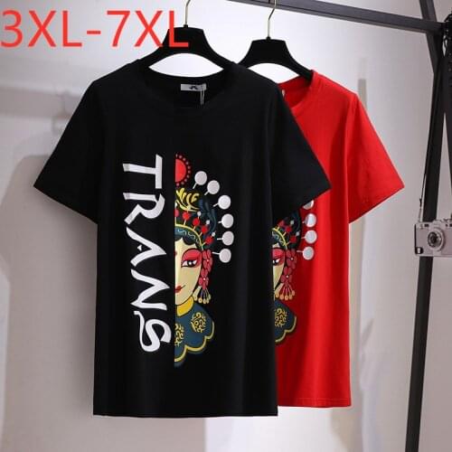 New 2021 Chinese Summer Plus Size Tops For Women Large Short Sleeve Loose Cotton Black Print O-neck T-shirt 3XL 4XL 5XL 6XL 7XL