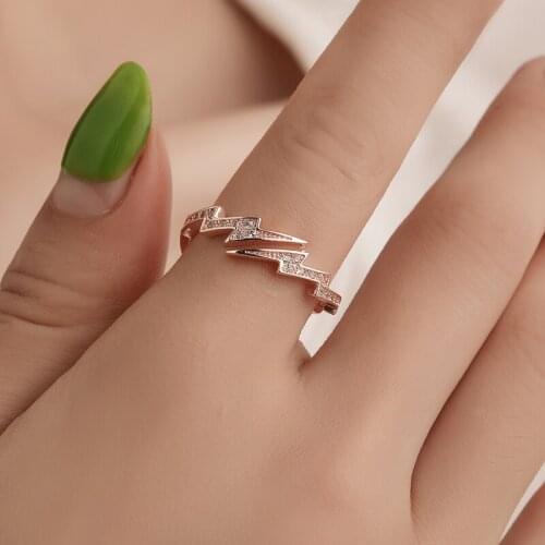 Simple Lightning Geometry Irregular Zircon Copper Rose Gold Silver Plated Open Rings for Women