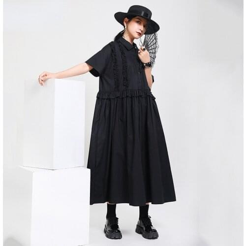 Women Black Ruffles Split Big Size Dress Lapel Short Sleeve Loose Fit Fashion Tide Spring Autumn Gothic Dress Harajuku Dress #S
