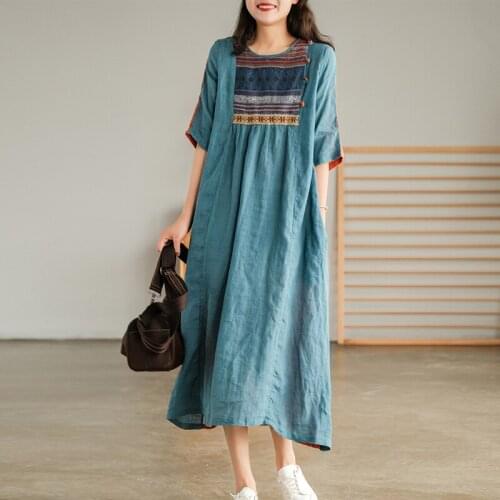 QPFJQD Ladies O-Neck Short Sleeve Button Retro Dress Cotton Linen 2021 Summer Autumn Patchwork Women Loose Casual Dresses