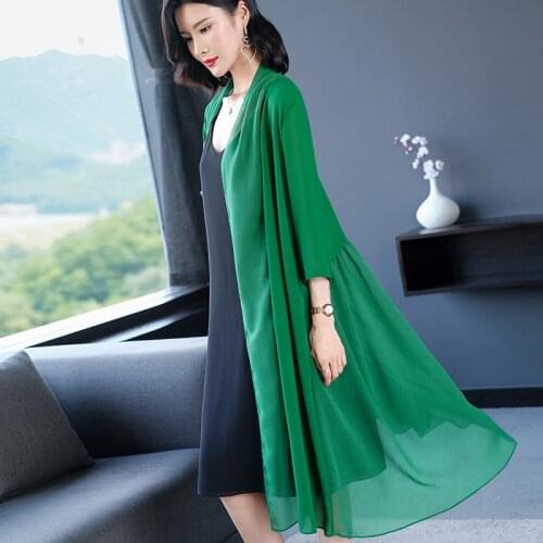 2020 Women chiffon Long Kimono Cardigan Office lady elegant loose Blouses Shirts Sun Protection Clothing Plus Size M-8XL