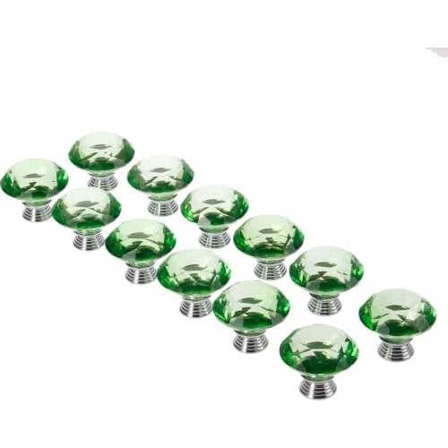 12Pcs Green Crystal Glass Knobs 40mm Diamond Shape Knob For Furniture Drawer Wardrobe Cabinet Kitchen Pull Handle