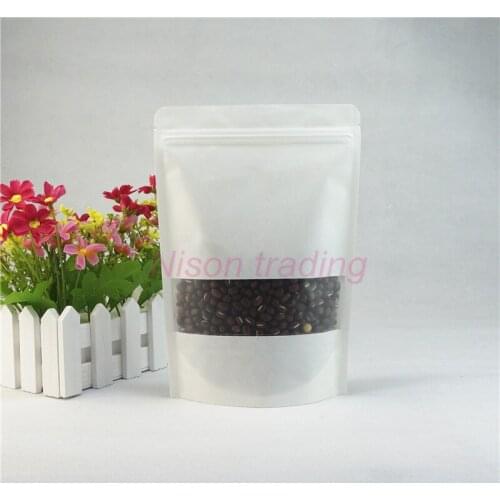 14*20cm,100 X White Stand up Kraft paper bag with Matte-clear window,Reusable ziplock paper pouch zipper sealed cashew nuts sack