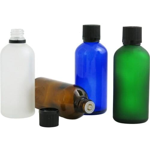 360pcs Wholesale 100ml Frost Green Blue Clear Amber Essential Oil Glass Bottles With Black Cap Glass Cosmetic Containers
