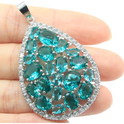 40x18mm Elegant Created London Blue Topaz White CZ Ladies Present Silver Pendant