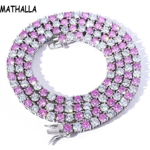 MATHALLA Iced Out Bling AAA Zircon 1 Row Tennis Chain Necklace Men Hip hop Jewelry Pink white Charms Bracelets