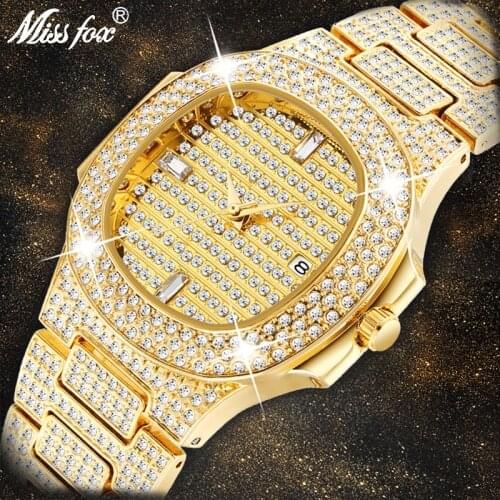 MISSFOX Wristwatch Mens Luxury Brand Calendar Big Diamond Watch Waterproof Men Fashion Hublo Quartz Clock Steel Male Wrist Watch