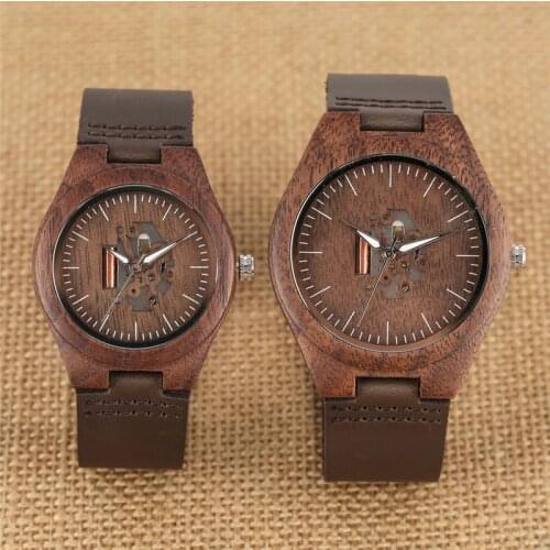 Wooden Couple Watch Quartz Leather Band Handmade Walnut Wood Watches Hollow Dial Valentines Day Lover Gift reloj para parej
