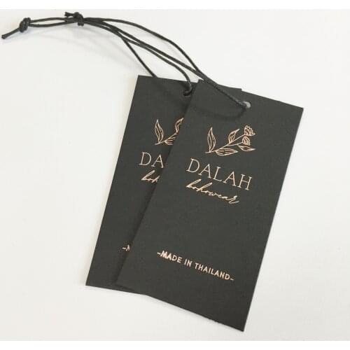 Very Cheaper Eco-Friendly Personalised 600gsm Rose Gold foil stamping Black Card Clothing Swing Hang Tags With String
