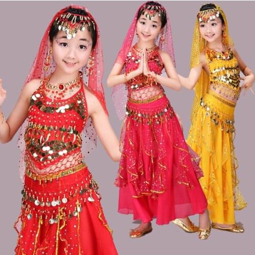 4PCS Set Children Belly Dance Costumes for Girl Stage Show Suit Kid Sequins Belly Dancing Girl Indian Bollywood Dance Skirt