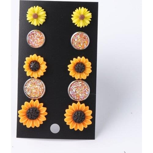 Fashion Metal Gypsophila Stud Earrings Sets Bright Sunflower Flower Acrylic Earrings for Women Cute Girl Jewelry 5 Pairs /set