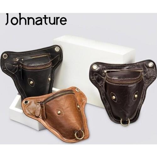 Johnature First Layer Cow Leather Retro Men Bag 2021 New Moto & Biker Waist Bag Multifunction Large Capacity Crossbody Bags