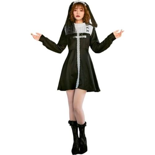 New Halloween Nun Costume Adult Cosplay Nun Costume Black and White Lace Long-sleeved Dress