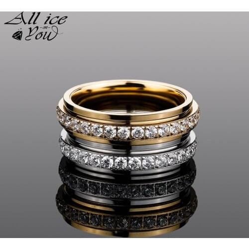 New RotatableTop Iced Out Luxury Cubic Zirconia 1 Row Ring Stainless Steel Hip Hop Fashion Jewelry Wedding Women Ring For Gift