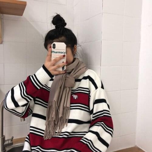 Fashion Autumn women sweaters Cartoon Embroidery Striped Solid Color Long-sleeved Loose Casual Pullover Crew Neck Sweater Female