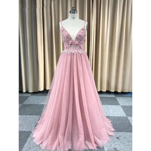 Sexy Evening Dresses Spaghetti Strap A-line Tulle Evening Party Gowns V-neck Backless Sequined Formal Dresses Robe De Soiree