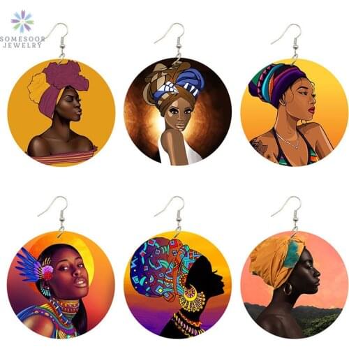SOMESOOR African Headwrap Woman Printed Portrait Earrings Afrocentric Ethnic Art Painting Retro Smart Blacks Wooden Ear Jewelry