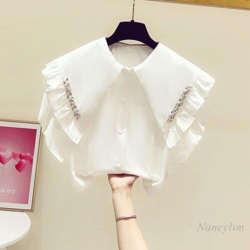 Cropped Shirt for Women 2021 Summer New Chic Elegant Doll Collar Shiny Diamond Top Ladies Puff Sleeve Blouse White Black