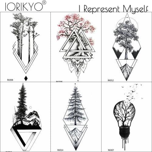 IORIKYO Black Geometric Old Pine Tree Temporary Tattoo Women Arm Stickers Men Fashion Waterproof Tatoos Forest Tattoo Decals
