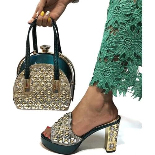High Quality Italian Design Slipper Ladies Shoes and Matching Bags African Green Color Shoes and Matching Bag Set for Party