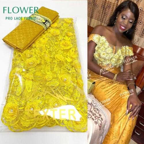 Yellow 3D Flower Pattern Net Tulle Lace With Bazin Riche Fabric Senegal Germany Women Party Wedding Basin Riche Materials