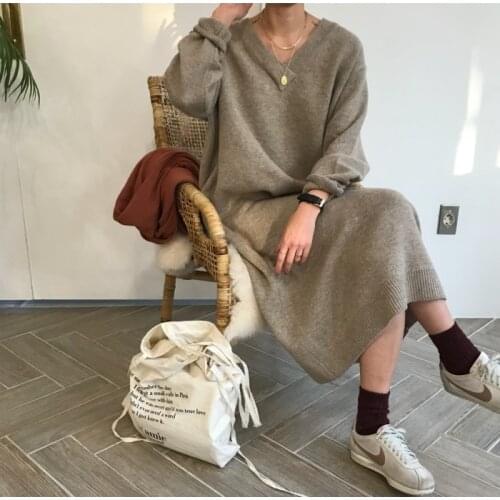 Loose Thick V Neck Sweater Dress Women Casual 2021 Woman Jumper Dresses Solid Pollover Warm Winter Knitted Korean Autumn New