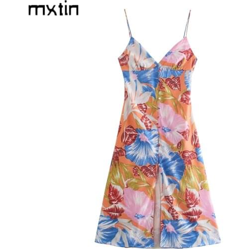 MXTIN 2021 Women Summer Fashion Floral Print Button Midi Dress Vintage V-Neck Sleeveless Backless Female Party Dresses Mujer