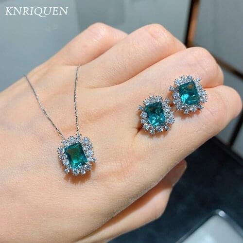 2021 Trend 925 Sterling Silver Sapphire Aquamarine Stone Stud Earrings Pendant Necklace Wedding Fine Jewelry Sets for Girlfriend