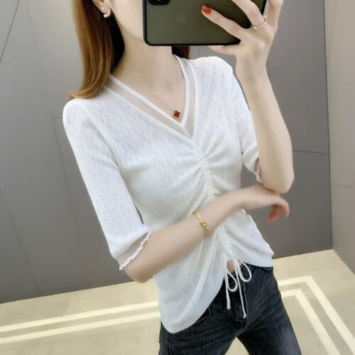 20213 (2, 1 in 7) film v-neck lace sets splicing pure color draw string knitted 30 with short sleeves