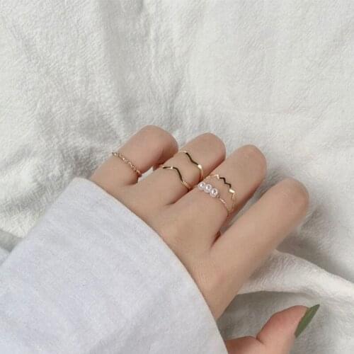 5 Pcs Ladies Fashion Imitation Pearl Rings for Women Gold Round Geometric Ring Net Celebrity Personality Jewelry New Wholesal