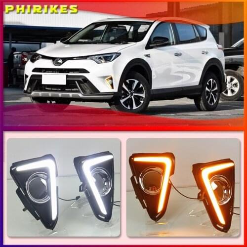 1 Set 12V ABS Car LED DRL Daytime Running Light Led Fog Lamp Cover With Trunning Yellow Signal For RAV4 2016 2017 2018