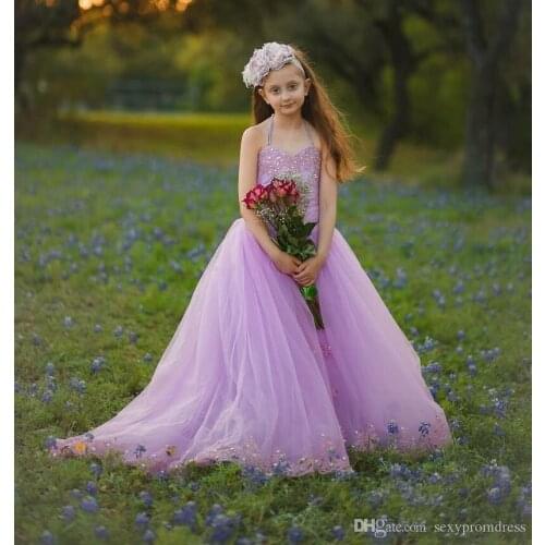 Halter Lavender Crystals Beaded Girls Pageant Gowns With Satin Bows Tulle Sweep Train Flower Girls Dresses For Wedding Baby Part