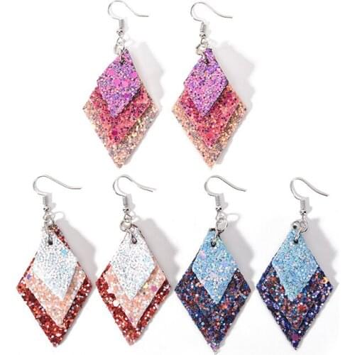 Glitter 3 Layer Sequins Double Rhombus PU Leather Earrings Layered Colorful Long Square Tassel Hook Earrings Female Jewelry