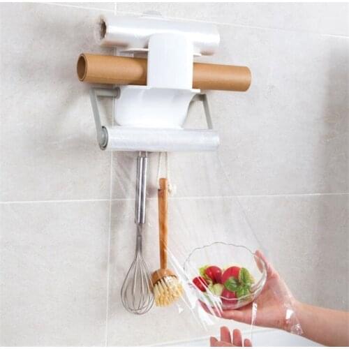 Household Kitchen Wall Mounted Roll Paper Plastic Wrap Storage Rack Retractable Adjustable Refrigerator Side Shelf
