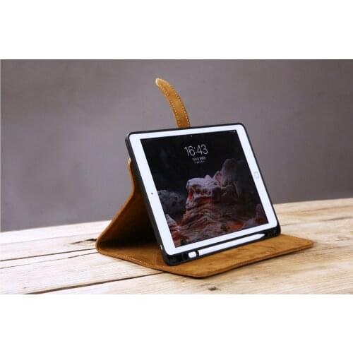 Hand stitched full grain leather iPad Pro Air case iPad 7th 8th generation case, leather iPad case with pencil holder Z03-IXPMN