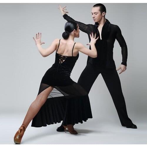 Black lacing velvet latin dance dress woman rumba samba costume sexy Perspective stitching flamenco dress competition costume