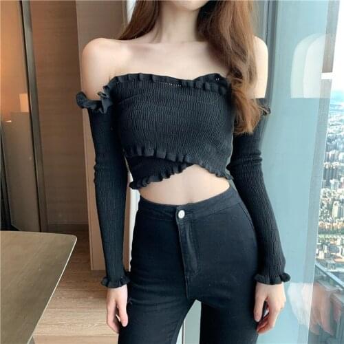 Harteen Summer New Slash Neck Cross Tshirts Womanstrapless Sexy Long Sleeve Ladies Knitted t-Shirt Female Top Camisetas De Mujer