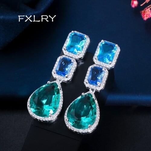FXLRY Gorgeous Fashion Cubic Zirconia Big Long Water Drop Blue Crystal Earrings For Women Jewelry Accessories