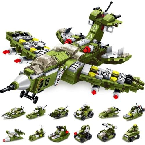 576 Pcs 25in1 Military Destroyer Fighter Vehicles WW2 Plane Building Blocks Bricks Sets Classic Model Kid Toys For Children Gift
