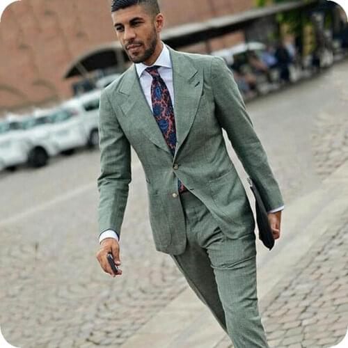 Custom Green Linen Men Suits with Pants Slim Fit Groom Wedding Suit Classic Man Blazer Jacket Peaked Lapel 2Piece Costume Homme