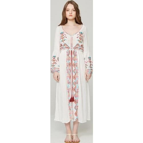 Summer travel Bohemian tassel V collar long sleeve holiday beach dress white long sleeve long national style horn sleeve dress