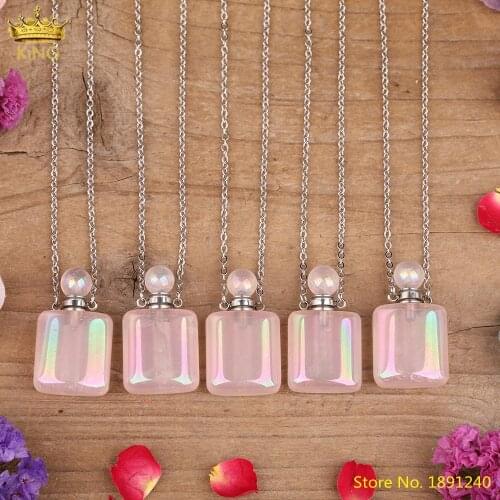 Natural Aura Pink Roses Stone Tiny Square Essential Oil Perfume Bottle Diffuser Pendant Necklace Women Healing Statement Jewelry