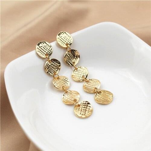 New Arrival Fashion Gold Color Alloy Long Round Coin Link Drop Earrings for Women Geometric Jewelry Party Gift