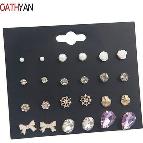 OATHYAN 12 Pairs/Set Women Classic Purple Crystal Heart Stud Earrings Sets Mix Jewelry Ladies Rhinestone Bow Earring Brinco
